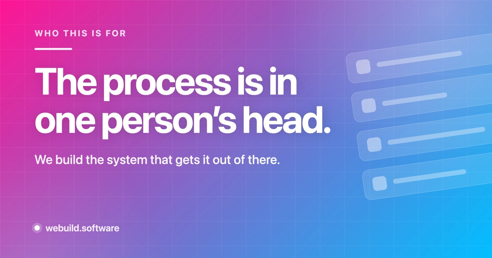 Who this is for: the process is in one person's head. We build the system that gets it out of there.