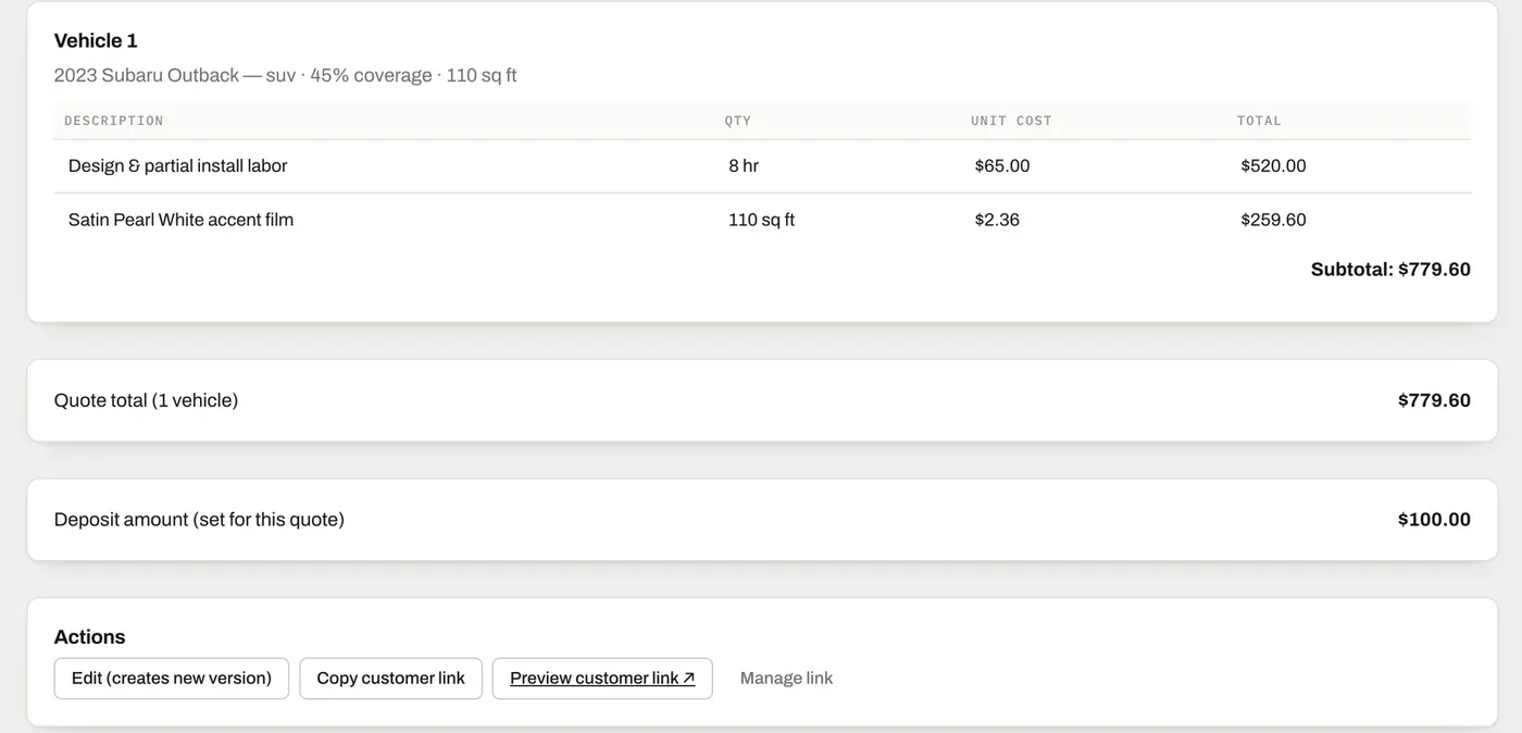 A wrap shop quote with labor and film line items, a deposit setting and a button to copy the customer's private link. Sample data.