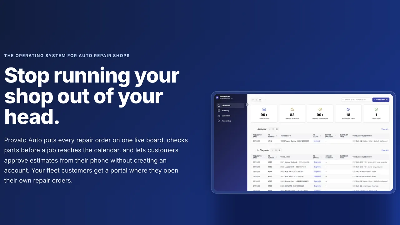 Provato Auto website hero with the headline "Stop running your shop out of your head." and a repair order dashboard.
